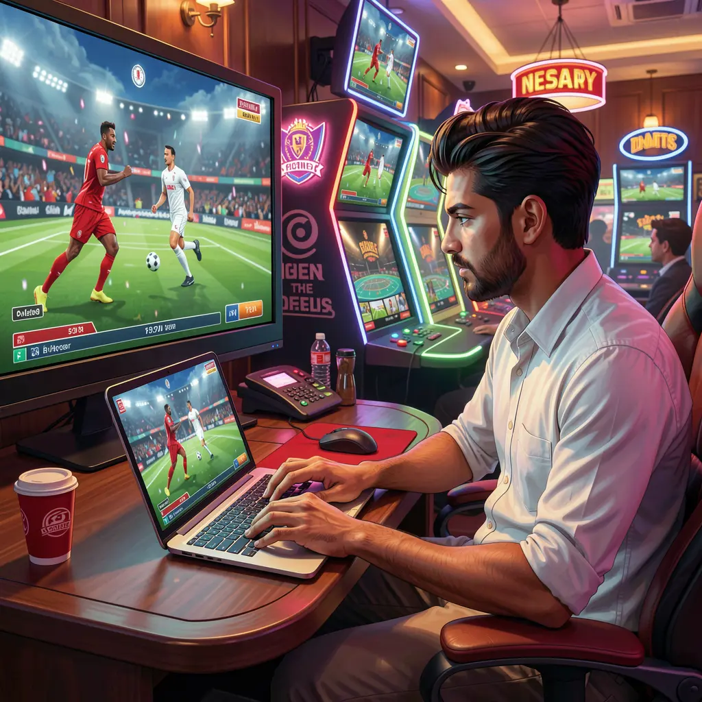 Professional sports betting setup with live football on TV and betting odds on a laptop highlighting the advanced features of 34OK in Bangladesh